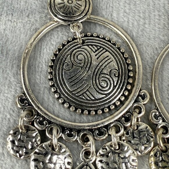 Boho Style Silver-Tone Chandelier Earrings Tribal Engraved Discs Teardrop Charms - Picture 4 of 16